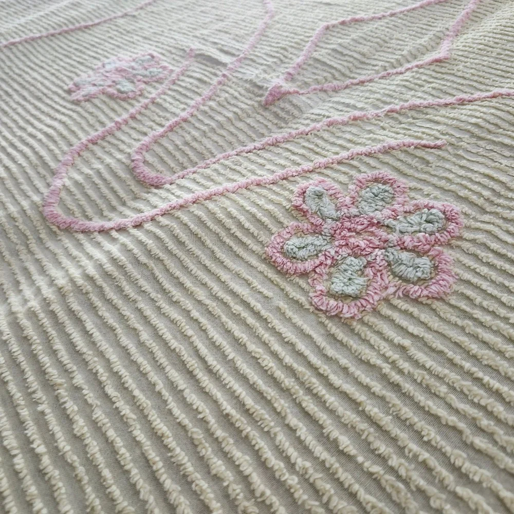 2 Chenille Bedspread Twin Full Yellow Pink Floral Vintage Cottagecore Appx 87x67